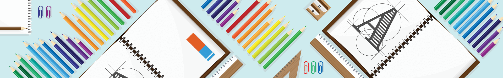 A drawing of a notebook, paperclips, and colored pencils