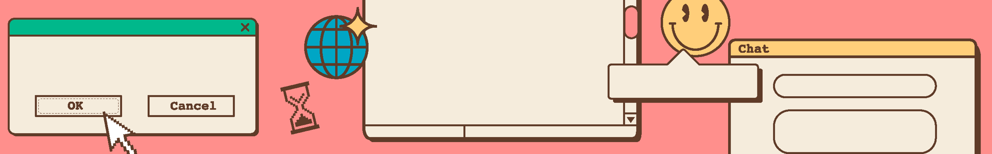 An illustration of various computer-related images on a pink background