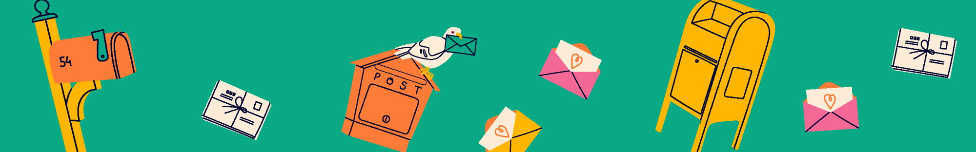 An illustration of mail and mail deposit boxes on a green background